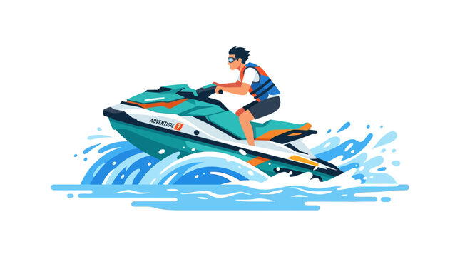 Man riding jet ski on water, summer extreme sports, vector illustration