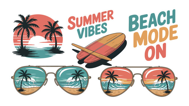 Summer vacation elements set featuring surfboard sunglasses and tropical sunset beach scenes