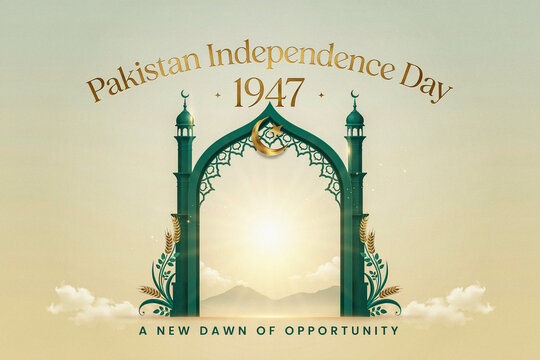 Twin Minaret Arch Gateway with Crescent Moon and Wheat Pakistan Independence Day 1947
