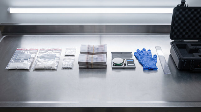 Drug evidence bags, pills, money bundles, scale and gloves arranged for forensic documentation on steel table. Drugs addiction and drug conceptual. Crime of narcotics with copy-space.