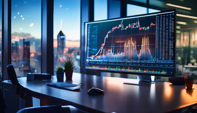 stock market growth chart displayed on a computer monitor in a bustling financial trading office