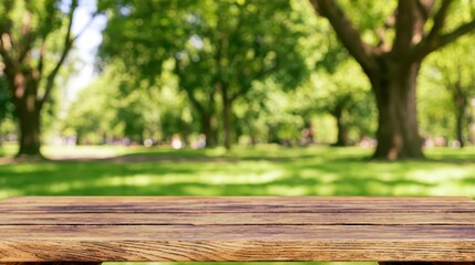 Fototapeta premium Rustic Wooden Path Leading Through Sunlit Green Park in Soft Focus
