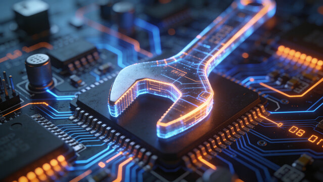 Digital wrench tool integrated with a computer microchip on a circuit board, representing hardware maintenance, electronics repair, embedded engineering, and advanced technology support.