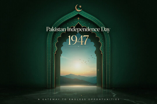 Ornate Green and Gold Arch Gateway with Mountain Sunrise Pakistan Independence Day 1947