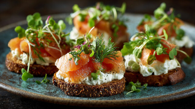 Gourmet salmon canapes with cream cheese and fresh microgreens, d oeuvre.