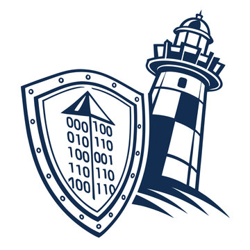 Lighthouse security shield graphic with binary code for digital protection