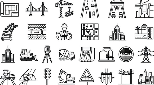 Civil Engineering and Civil Infrastructure Line Icon Set Featuring Construction Machinery Road Bridges Dams Power Grids and Urban Development Surveying Design Symbols