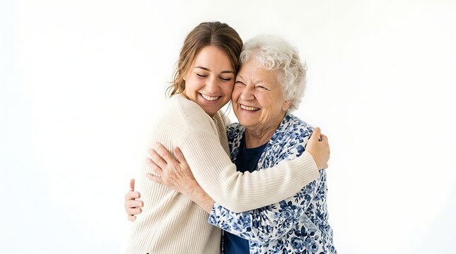 Young woman embracing her happy elderly grandmother with affection and joy in a studio setting against a clean white background for family connection concept