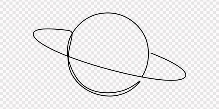 continuous one line drawing minimalist saturn planet rings orbit cosmic flat design vector illustration, transparent background, Saturn. space concept. Single line draw design vector graphic illustrat