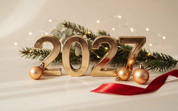 Golden 2027 new year's decoration with christmas tree branches