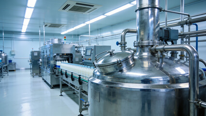 Modern stainless steel pharmaceutical manufacturing facility with industrial processing tanks and automated production equipment in a sterile cleanroom environment. © Curioso.Photography
