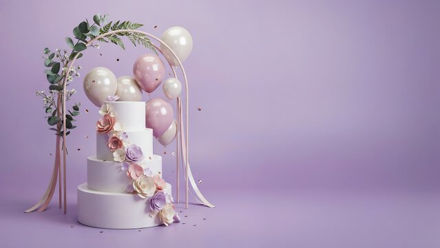 Elegant four tier wedding cake with balloons and floral decor