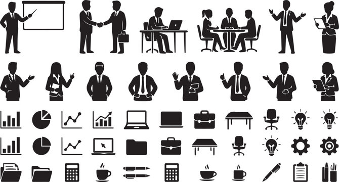 Set of 40 Business People and Office Item Silhouettes Vector