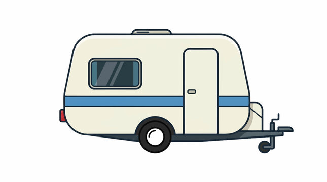 A compact cream and blue travel trailer with hitch and windowed door ready for camping and road trips.