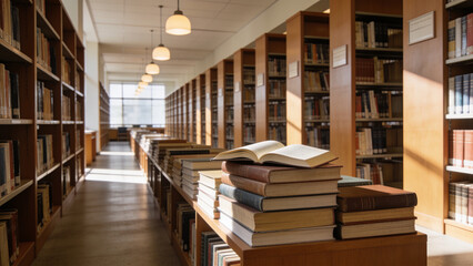 Obraz premium Open law book on a wooden table in a grand historic library, symbolizing knowledge, justice, education, and legal research.