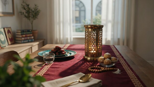 Ramadan iftar table setting with dates sweets and lantern