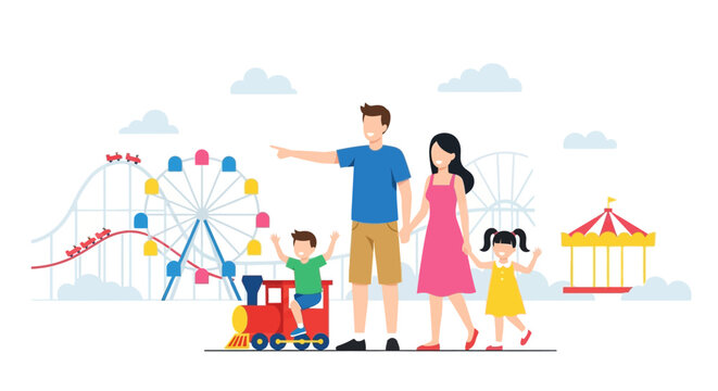 Happy family at amusement park with roller coaster, Ferris wheel, carousel, and train