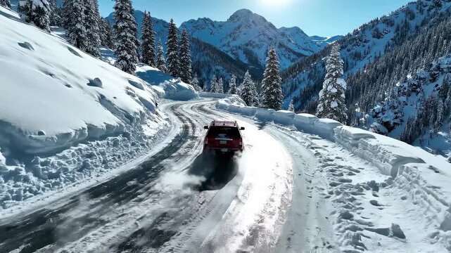 Car moving across icy mountain curve on snowy road, ideal for winter driving safety, traction warning, alpine travel risk, cautious transport, insurance campaigns, and cold weather route planning