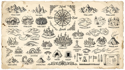 Fantasy Map Elements Illustration with Compass Roses, Mountains, Forests, Villages, Roads, and Mythical Creatures on Parchment © G D Kajol