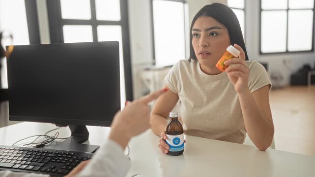 Woman holding a medicine bottle and pill container as a person points finger across a clinic building at a desk with a monitor; concern medical advice.