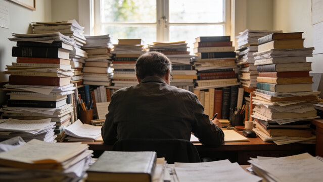 Office employee analyzing complex case files surrounded by stacks of documents, symbolizing legal research, administrative work, investigation, and intensive paperwork.