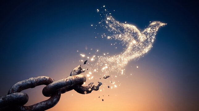 Broken rusty iron chain links transforming into a glowing light bird flying away against a soft sunset sky representing freedom liberation hope and spiritual release from heavy emotional burdens