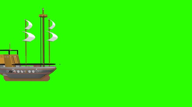 Cute 2D cartoon ship sailing on water waves transition video clip on a chroma key green screen background. Ideal for sea adventures, travel vlogs, kids' pirate-themed channels, and playful summer anim