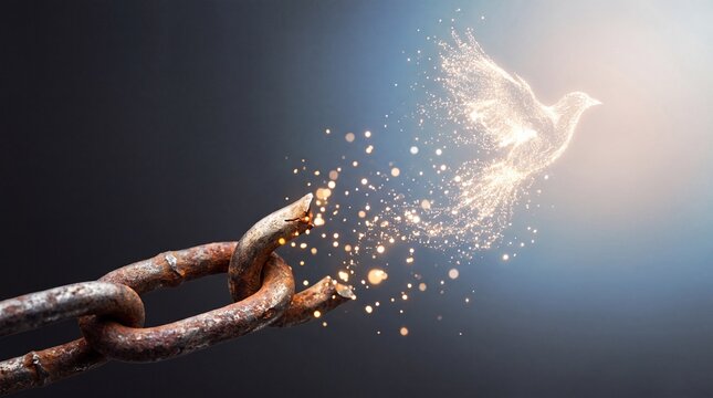 Broken rusty metal chain link transforming into a glowing golden bird silhouette made of sparkling light particles against a dark background symbolizing freedom liberation hope