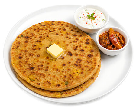 Aloo paratha with butter, golden stuffed flatbread served with yogurt and pickle