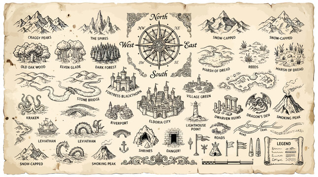 Fantasy Map Elements Illustration with Compass Roses, Mountains, Forests, Villages, Roads, and Mythical Creatures on Parchment