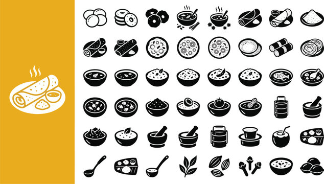 South Indian Cuisine Silhouette Icons Set Collection &ndash; Dosa, Idli, Sambar, Chutney and Traditional Indian Food Symbols