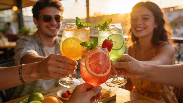 Friends toasting colorful refreshing cocktails at a sunny outdoor restaurant, celebrating summer, friendship, and joyful social moments.