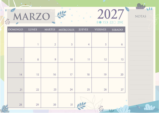 Calendario imprimible 2027 - Marzo - Plantilla mensual con flores - EPS vectorial