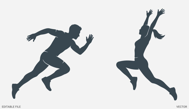 Dynamic running athletes vector silhouette design featuring male sprinter and female high jump runner