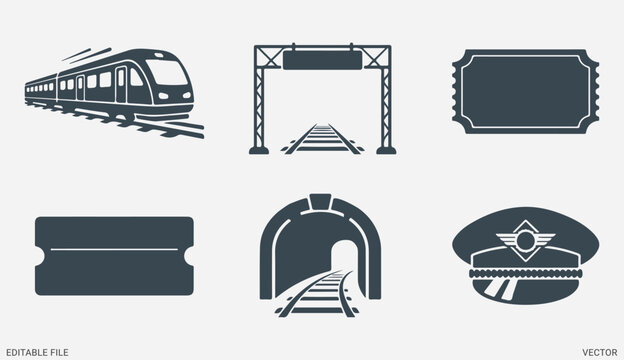Train transport vector silhouette elements set including locomotive railway tunnel ticket and conductor hat