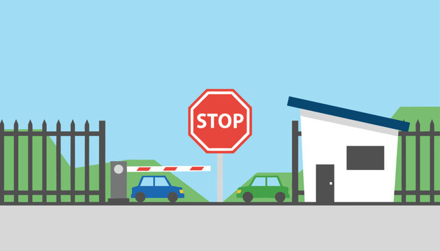 Illustration of a security checkpoint with a barrier gate, a small guard house, and a prominent red stop sign for vehicle entry.