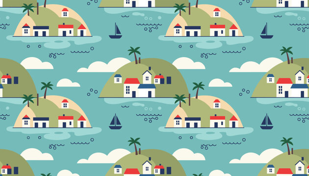 Seamless pattern featuring tropical island scenes with houses, palm trees, and sailboats on a light blue background for summer vibe.