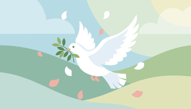 White dove flying across a serene landscape of hills and sky, holding an olive branch, symbolizing peace, hope, and tranquility.