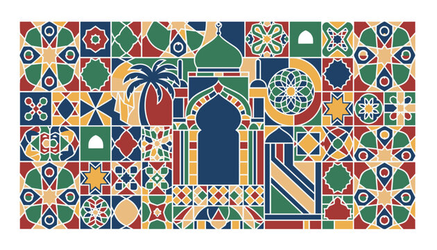 Intricate mosaic pattern featuring an arched doorway, palm tree, and geometric shapes inspired by traditional Middle Eastern design.