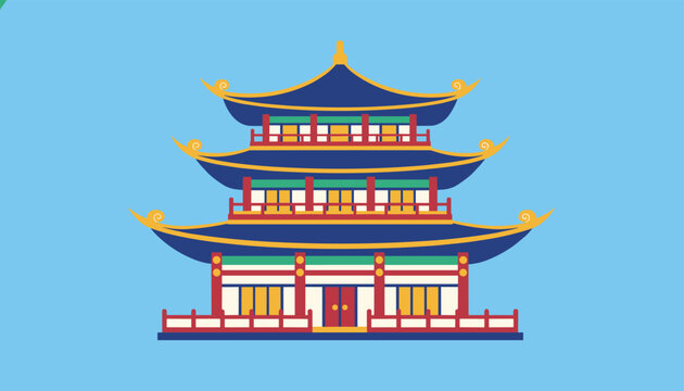 Traditional Chinese temple building with classic architecture, vibrant colors, and roof design against a bright blue sky backdrop.