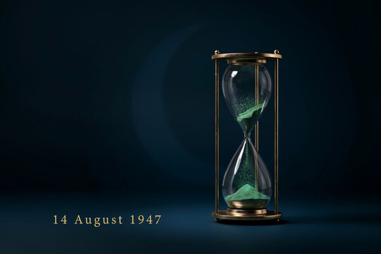 Elegant Hourglass with Green Sand on Navy Blue Background - Pakistan Independence Day 14 August 1947