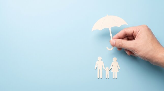 Hand holding paper umbrella over paper family cutout on blue background representing insurance, protection and security concept.