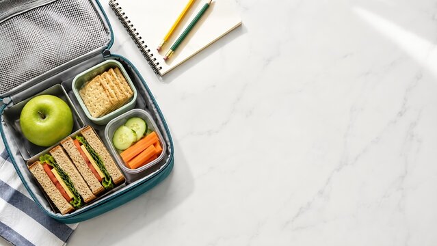 School lunch box with apple and stationery