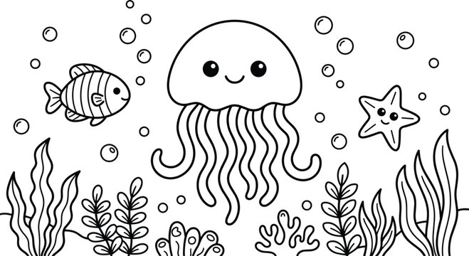 Underwater ocean coloring page for kids featuring cute cartoon jellyfish smiling starfish striped tropical fish and seabed seaweed outline vector