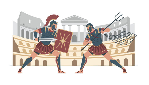 Two gladiators fighting in the Roman Colosseum, depicting ancient history, sports, and heroic battle in a stylized vector art.