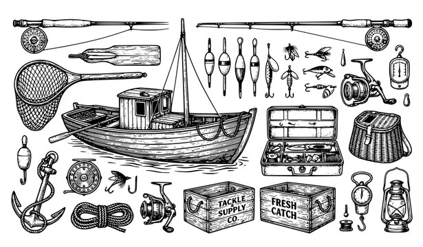 Vintage fishing equipment vector illustration with rod reel net anchor lure and boat isolated on white background