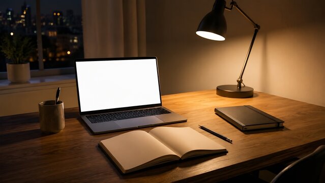Night study desk with laptop book and lamp