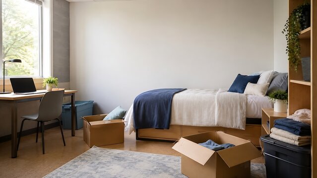 College dorm room with packed moving boxes