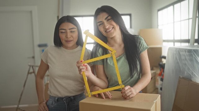 Woman and her sister hold a yellow folding ruler shaped like a house over a cardboard box, hands gripping the tool inside a building; joyful teamwork renovation.