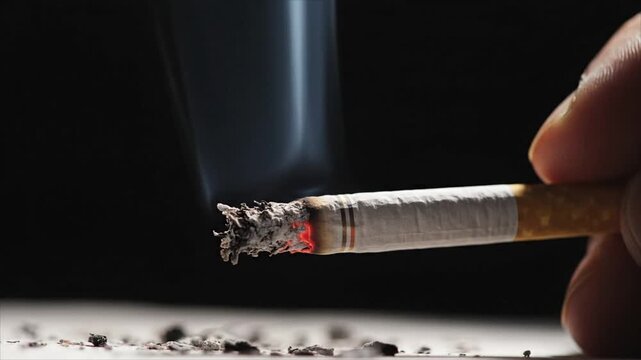 A hand holds a lit cigarette with smoke rising in a dark environment